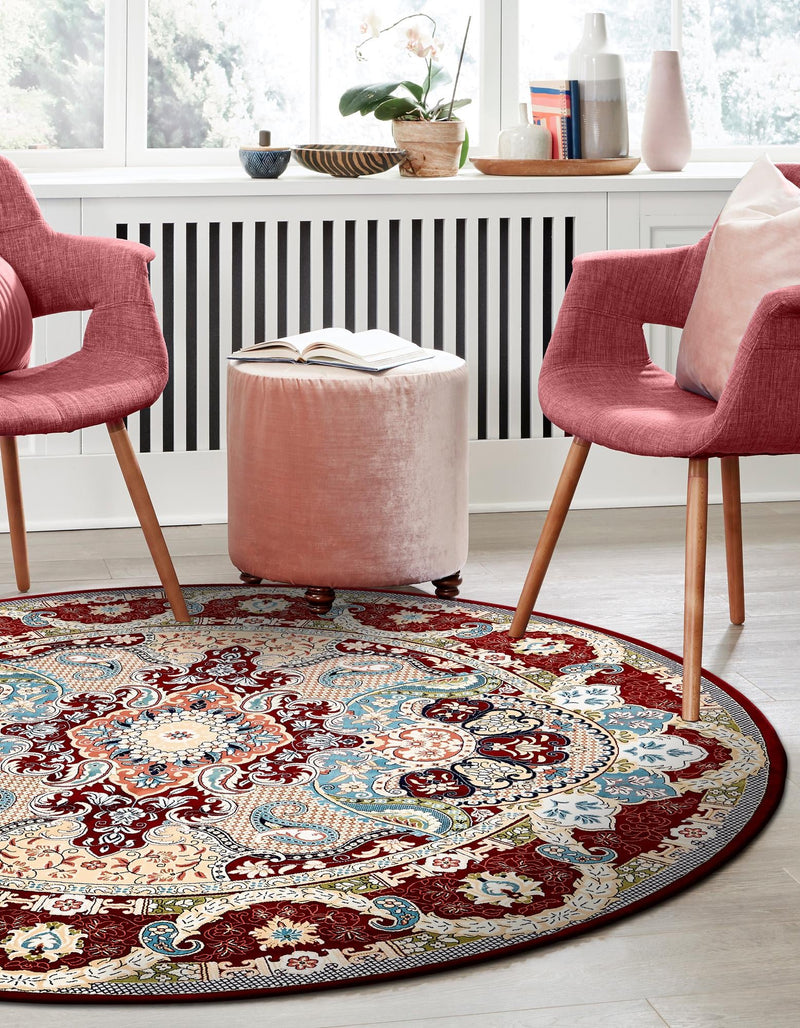 Persian Elegance Collection Area Rug -  Shiraz Round Burgundy  lifestyle 159