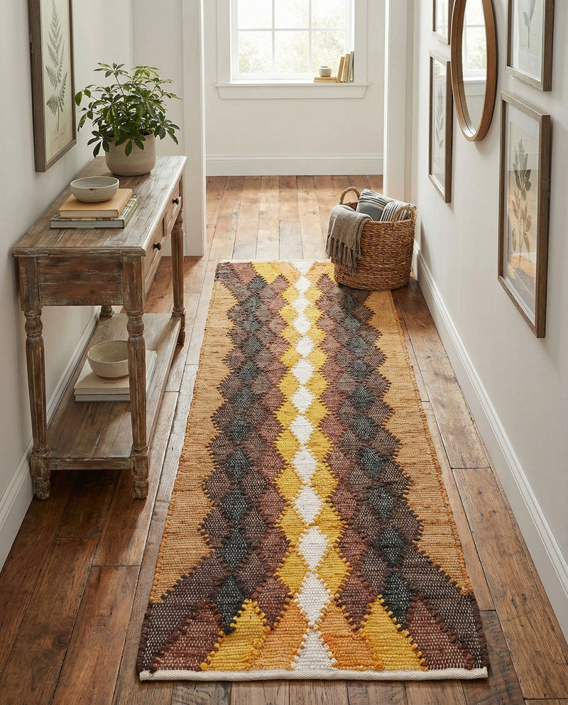 Thar Cotton Collection Area Rug -  Munnar Runner Brown Yellow Black  lifestyle 34