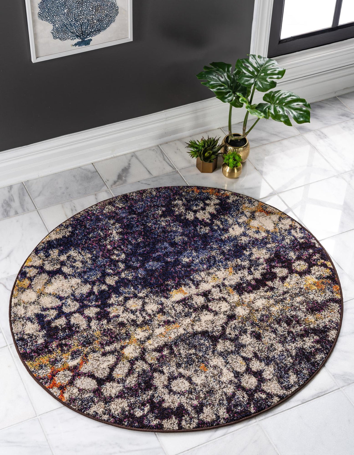 Venetian Tapestry Collection Area Rug - Murano Round Navy Blue  lifestyle 112