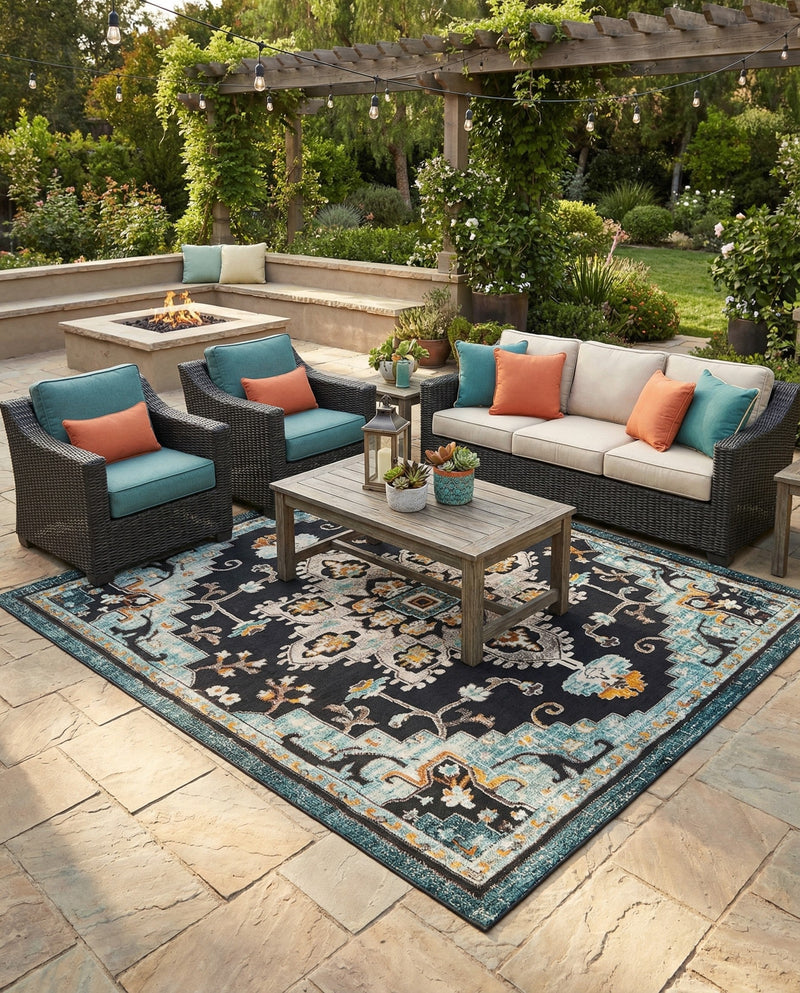 Outdoor Marrakesh Collection Area Rug -  Essaouira Square Navy Blue  lifestyle 57