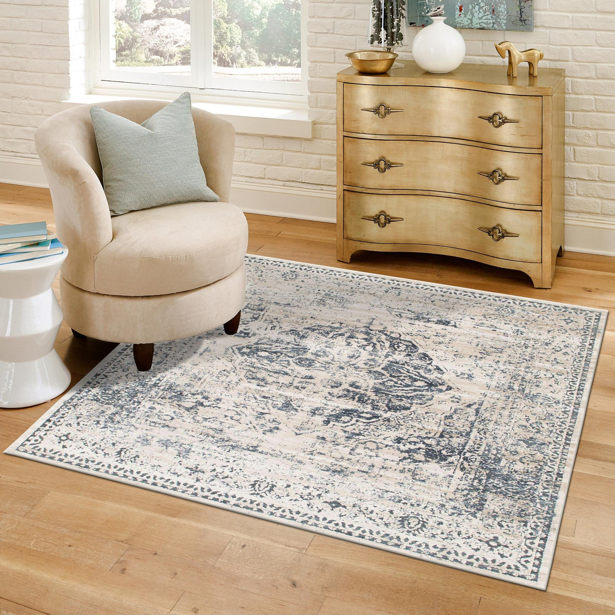 Coastal Manor Collection Area Rug -  Dunes Square Dark Blue  lifestyle 122
