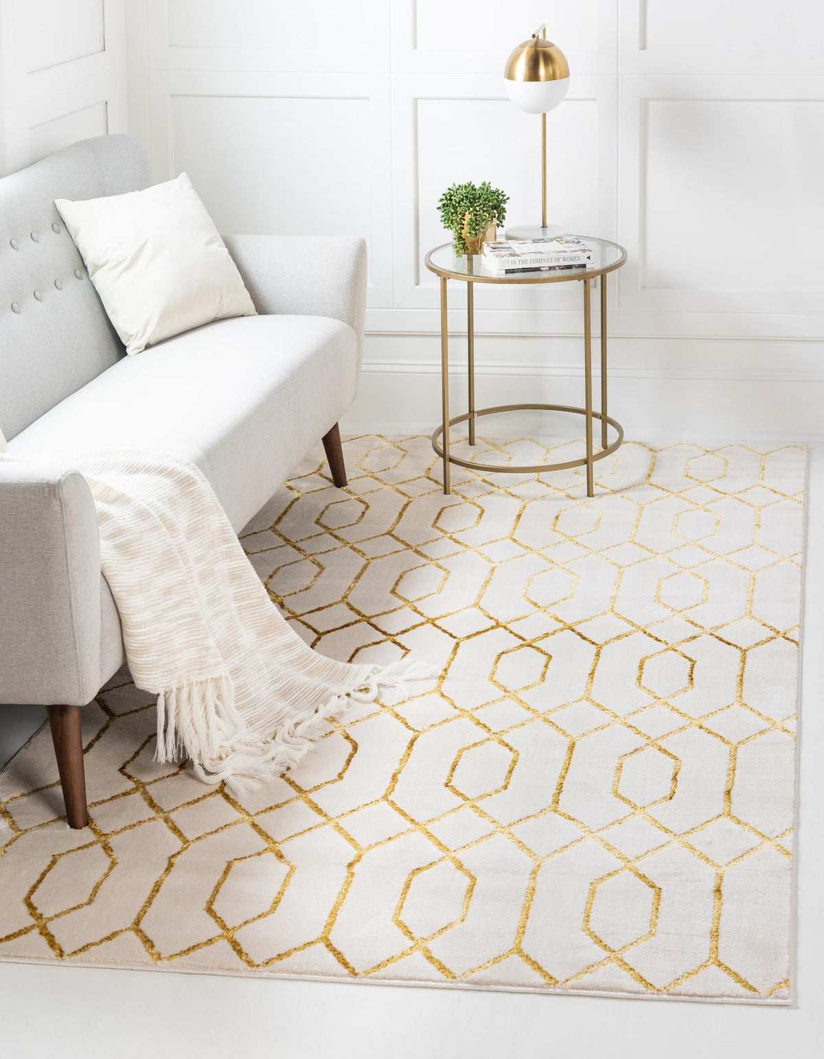 Hollywood Luxe Collection Area Rug - Sunset Rectangle White and Gold  lifestyle 12