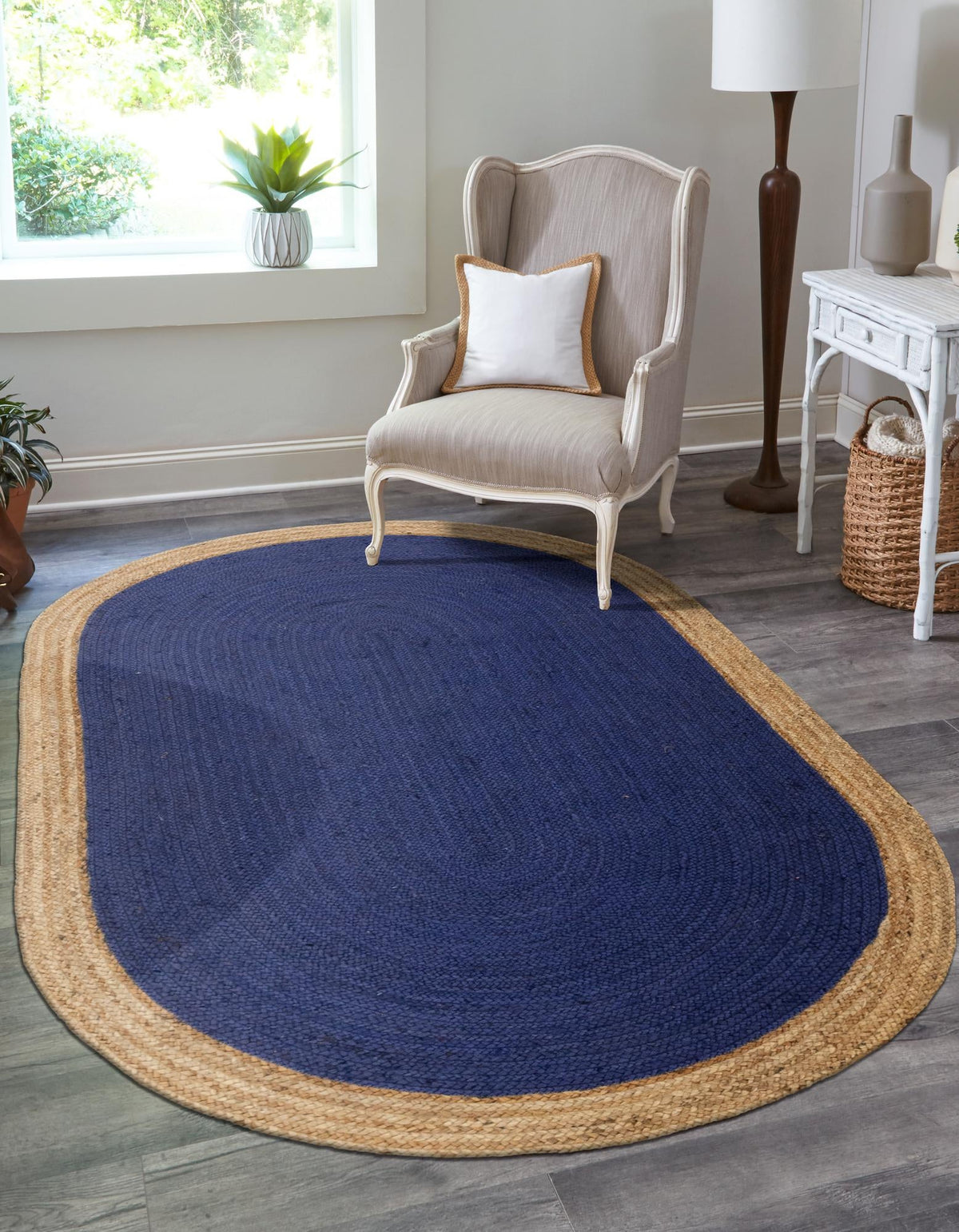 Woven Seaside Jute Collection Area Rug - Nantucket Oval Navy Blue  lifestyle 123