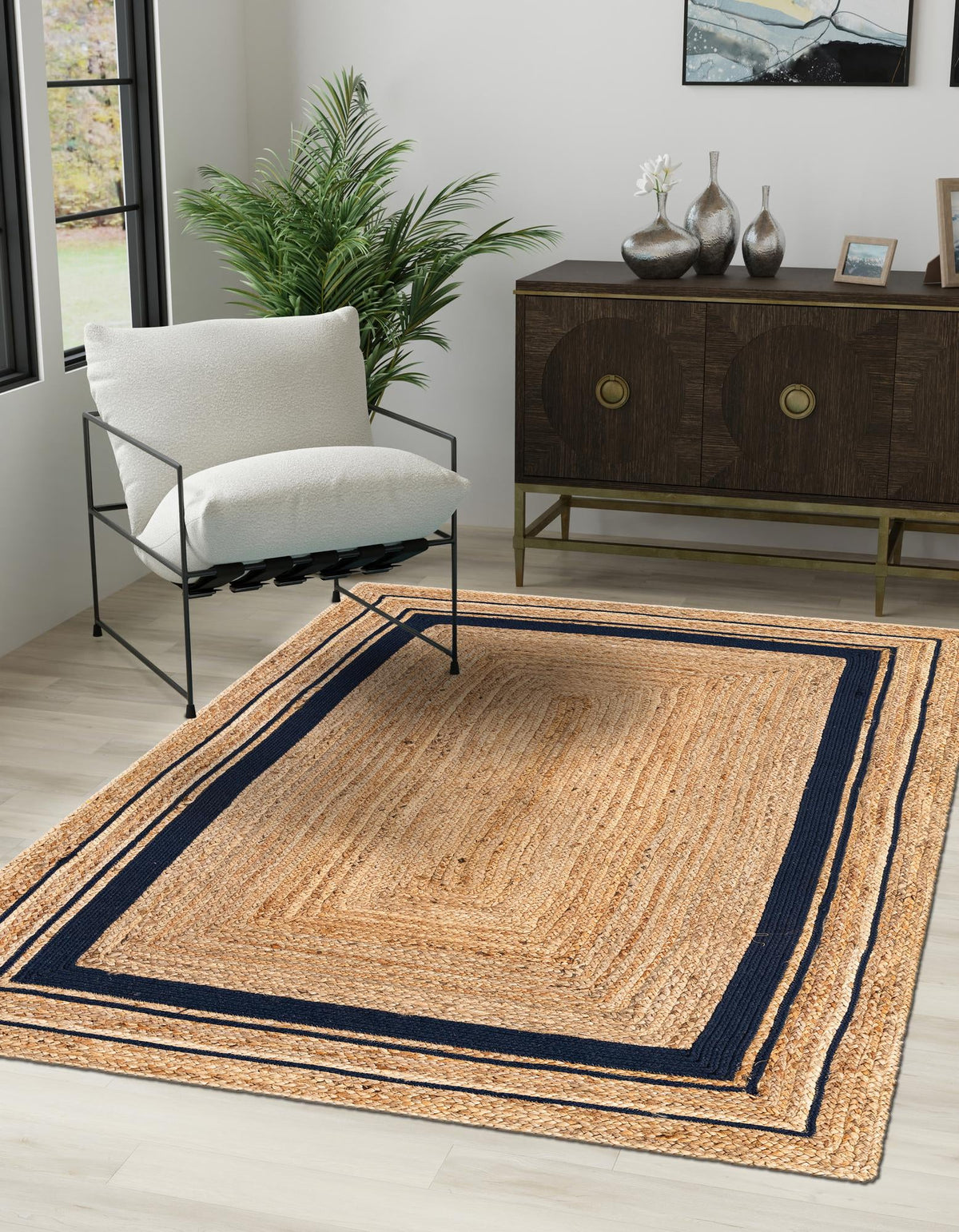 Woven Seaside Jute Collection Area Rug - Nantucket Rectangle Natural and Navy Blue  lifestyle 2