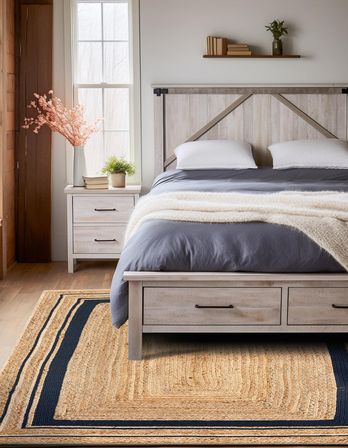 Woven Seaside Jute Collection Area Rug - Nantucket Rectangle Natural and Navy Blue  lifestyle 12