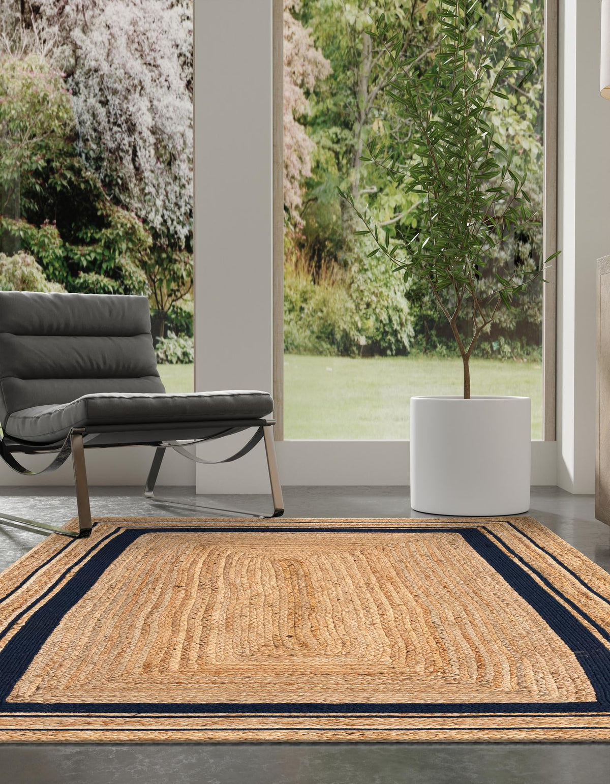 Woven Seaside Jute Collection Area Rug - Nantucket Rectangle Natural and Navy Blue  lifestyle 14