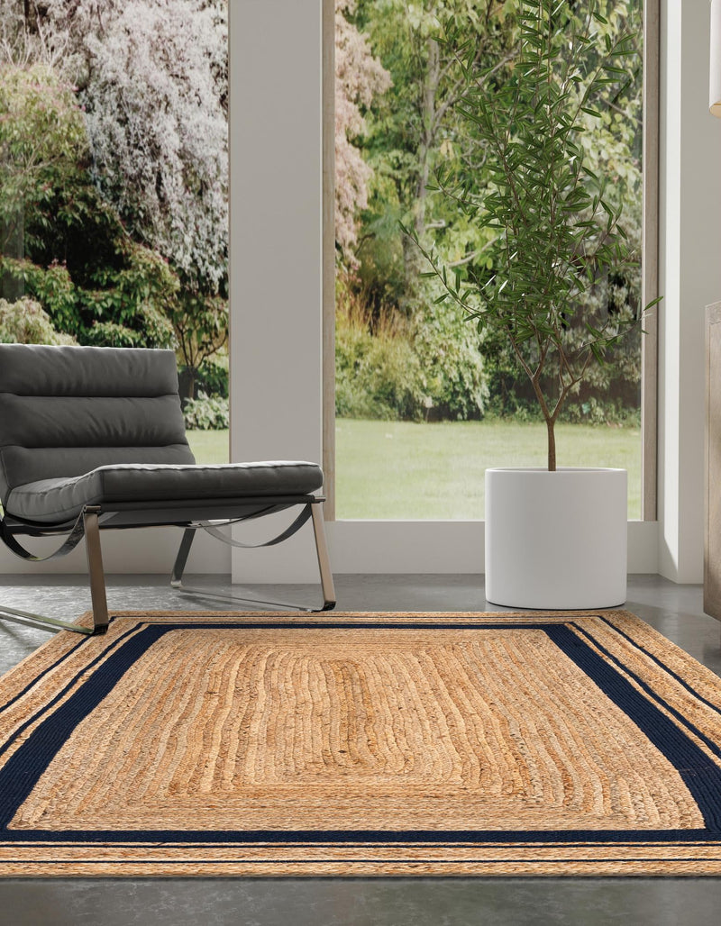 Woven Seaside Jute Collection Area Rug - Nantucket Rectangle Natural and Navy Blue  lifestyle 14