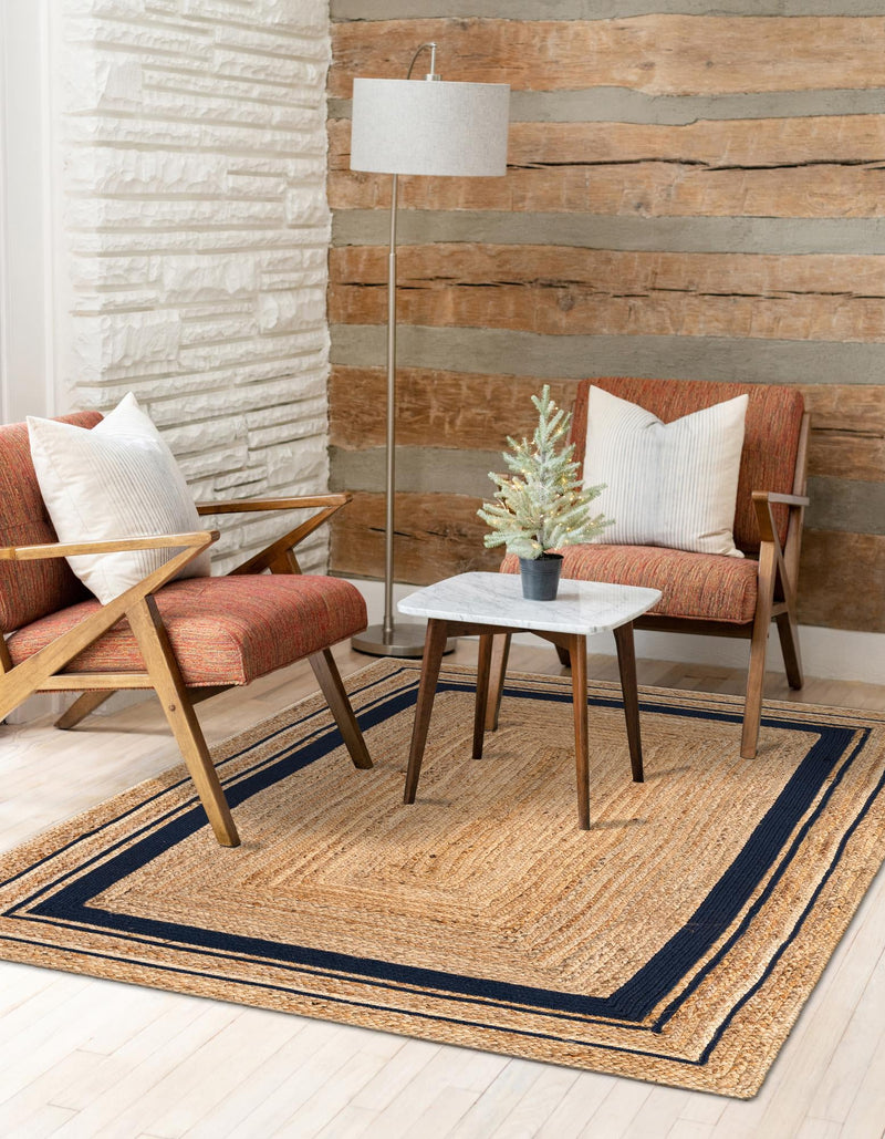 Woven Seaside Jute Collection Area Rug - Nantucket Rectangle Natural and Navy Blue  lifestyle 18
