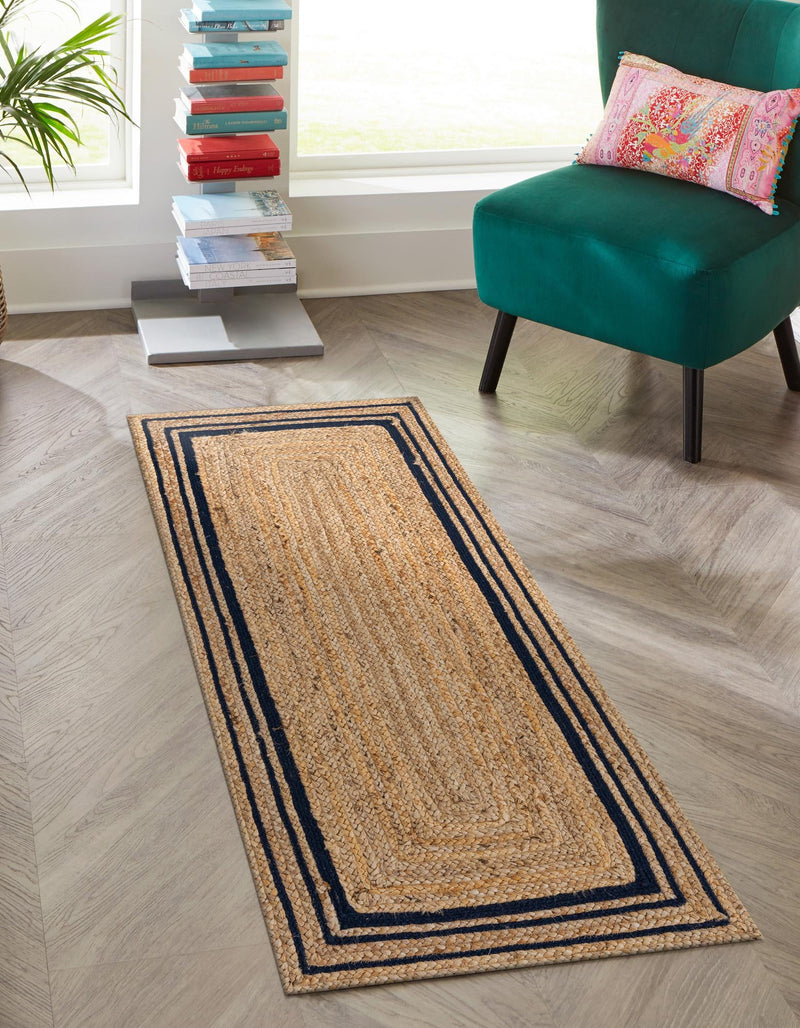 Woven Seaside Jute Collection Area Rug - Nantucket Runner Natural and Navy Blue  lifestyle 55