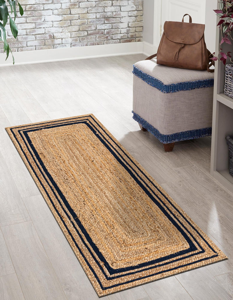 Woven Seaside Jute Collection Area Rug - Nantucket Runner Natural and Navy Blue  lifestyle 63