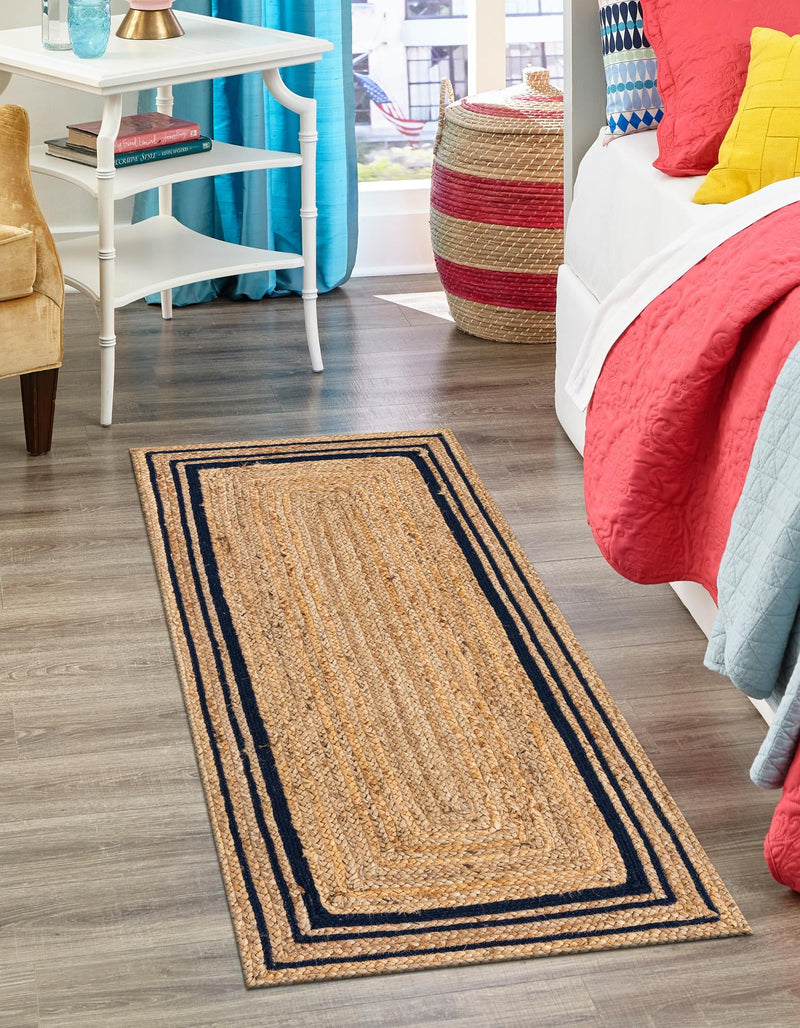 Woven Seaside Jute Collection Area Rug - Nantucket Runner Natural and Navy Blue  lifestyle 71