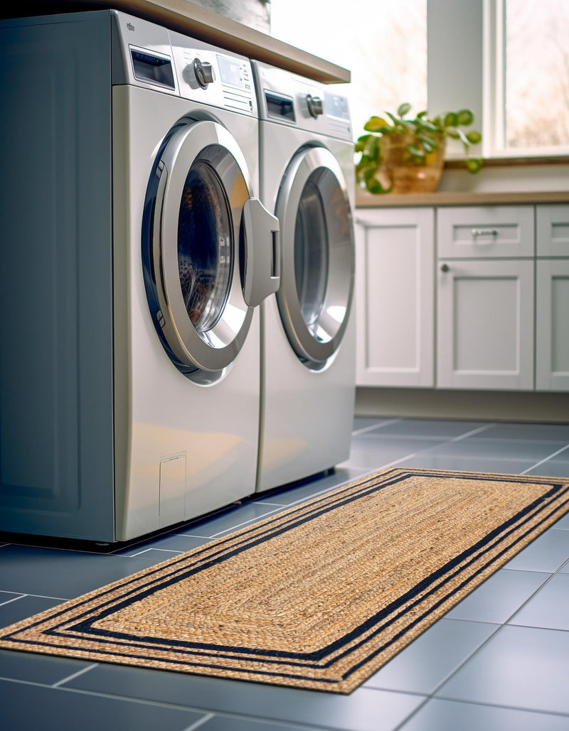 Woven Seaside Jute Collection Area Rug - Nantucket Runner Natural and Navy Blue  lifestyle 73