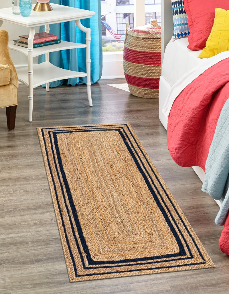 Woven Seaside Jute Collection Area Rug - Nantucket Runner Natural and Navy Blue  lifestyle 76