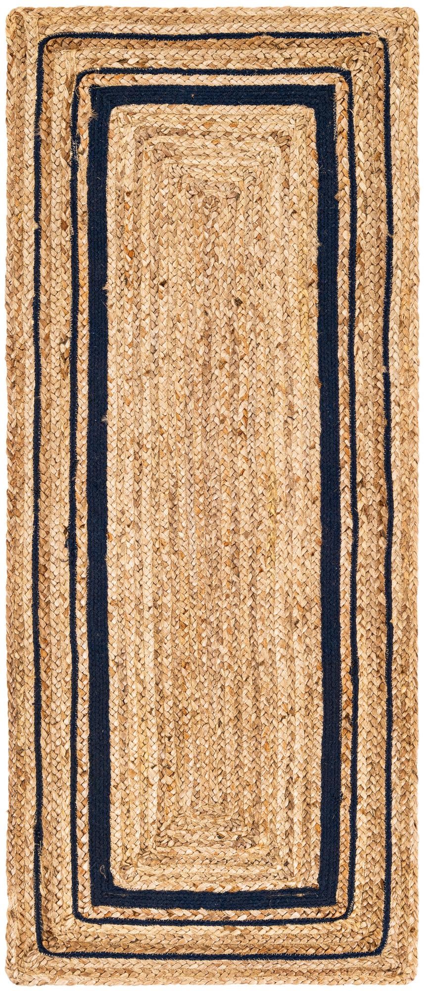 Woven Seaside Jute Collection Area Rug - Nantucket Runner Natural and Navy Blue  lifestyle 74