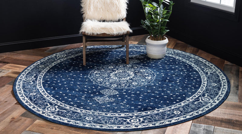 Dover Terrace Collection Area Rug - Marina (Navy Blue) Round Navy Blue  lifestyle 2