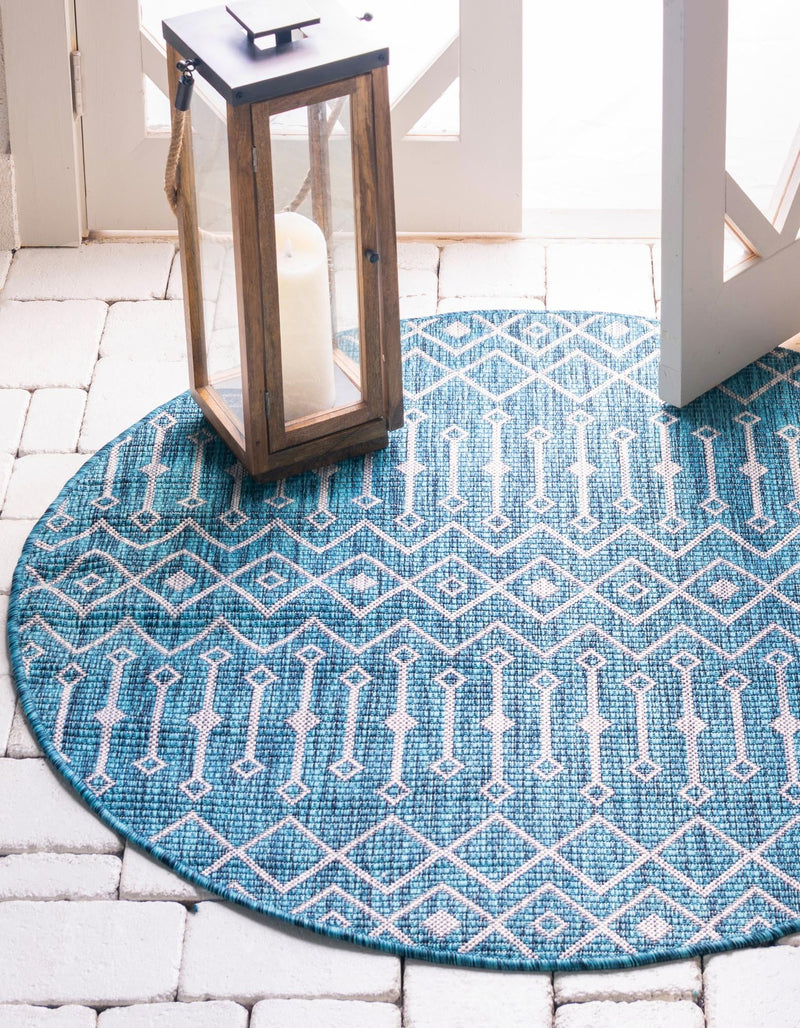 Garden Lattice Oasis Collection Area Rug -  Pergola (Teal) Round Teal  lifestyle 5