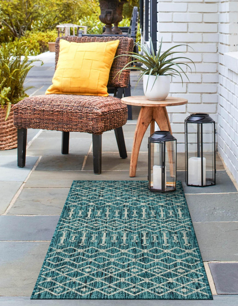 Garden Lattice Oasis Collection Area Rug -  Pergola (Teal) Runner Teal  lifestyle 5