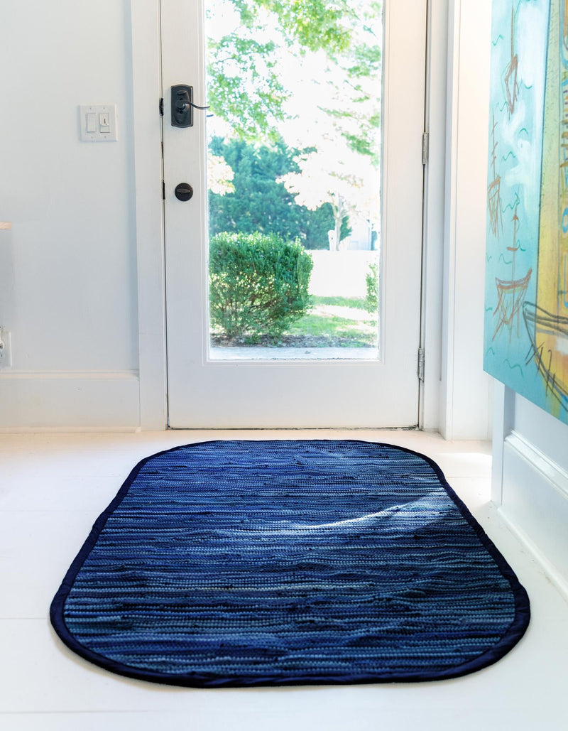 Indigo Weave Cotton Collection Area Rug - Santorini (Navy Blue) Oval Navy Blue  lifestyle 29