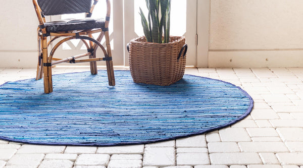 Indigo Weave Cotton Collection Area Rug - Santorini (Navy Blue) Round Navy Blue  lifestyle 26
