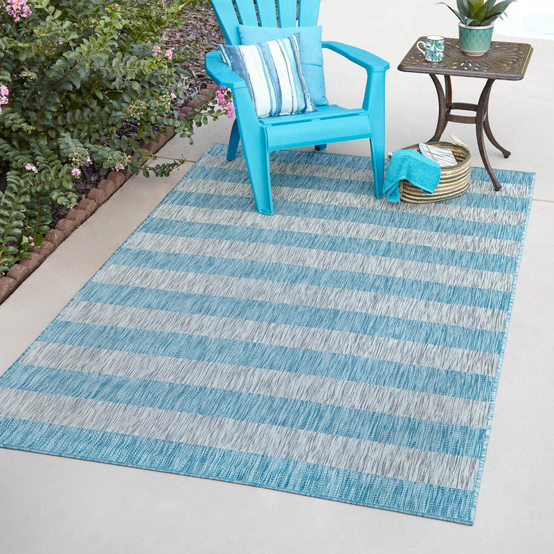 Patio Stripe Harmony Collection Area Rug -  Veranda Rectangle Light Aqua  lifestyle 27