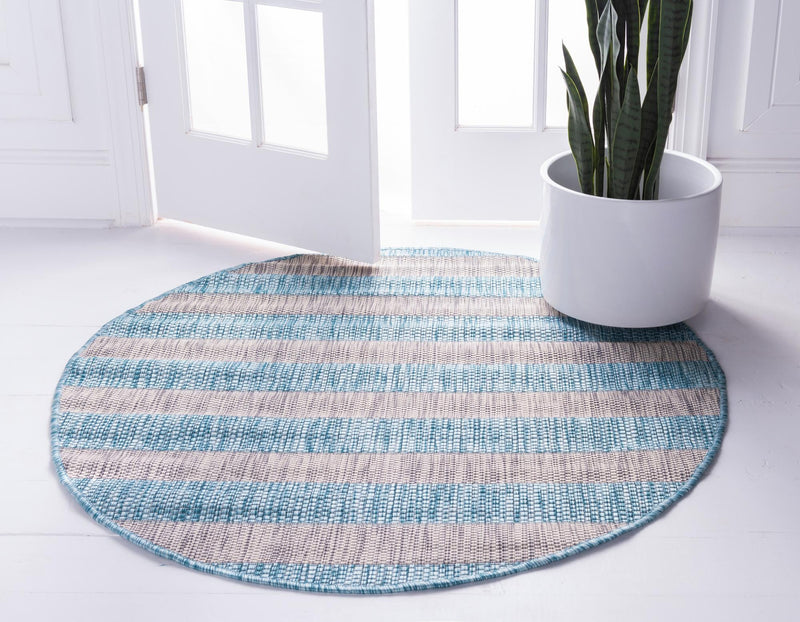 Patio Stripe Harmony Collection Area Rug -  Veranda Round Light Aqua  lifestyle 64