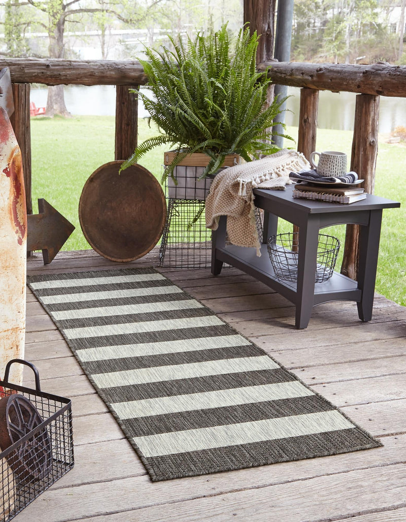 Patio Stripe Harmony Collection Area Rug -  Veranda Runner Charcoal Gray  lifestyle 5