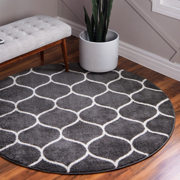 Lattice Garden Collection Area Rug -  Pergolatown (Dark Gray) Round Dark Gray  lifestyle 0