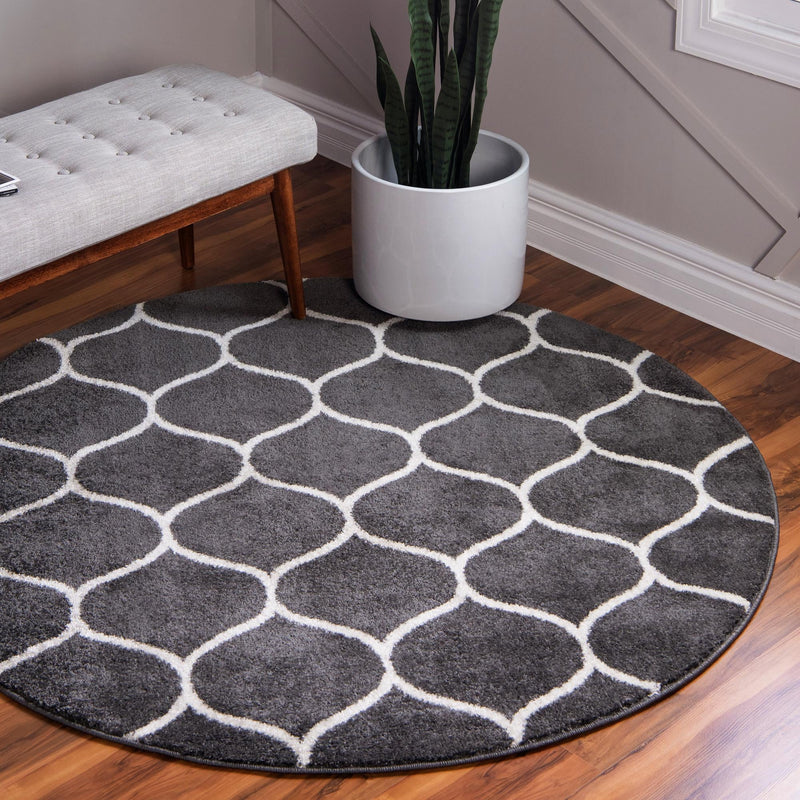Lattice Garden Collection Area Rug -  Pergolatown (Dark Gray) Round Dark Gray  lifestyle 0