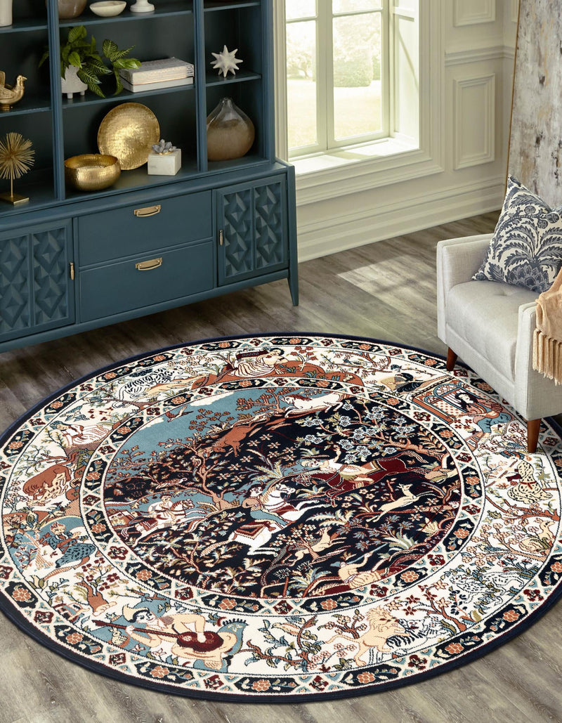 Persian Elegance Collection Area Rug -  Tabriz Round Navy Blue  lifestyle 142