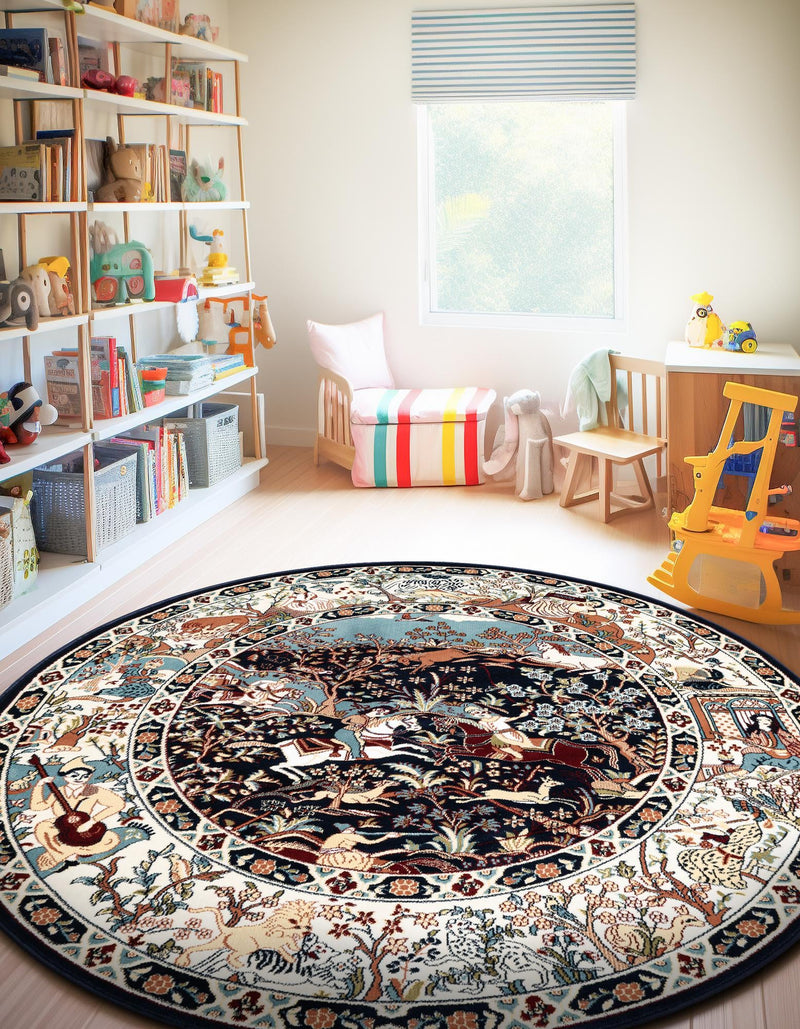 Persian Elegance Collection Area Rug -  Tabriz Round Navy Blue  lifestyle 178