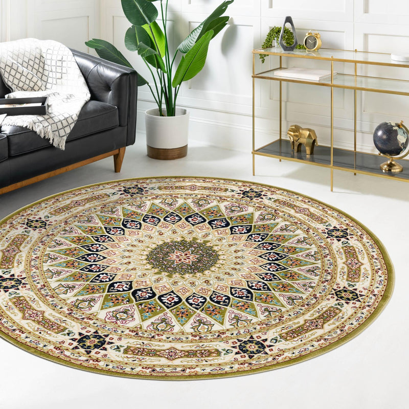 Persian Elegance Collection Area Rug -  Hamedan (Green) Round Green  lifestyle 30