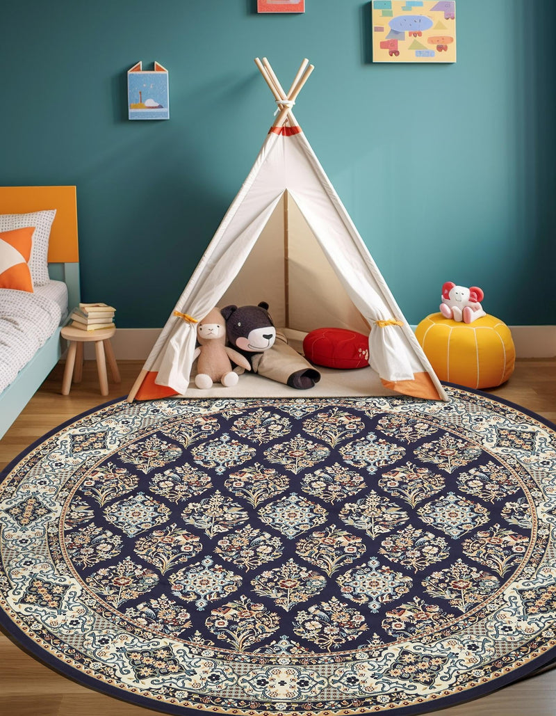 Persian Elegance Collection Area Rug -  Yazd Round Navy Blue  lifestyle 98
