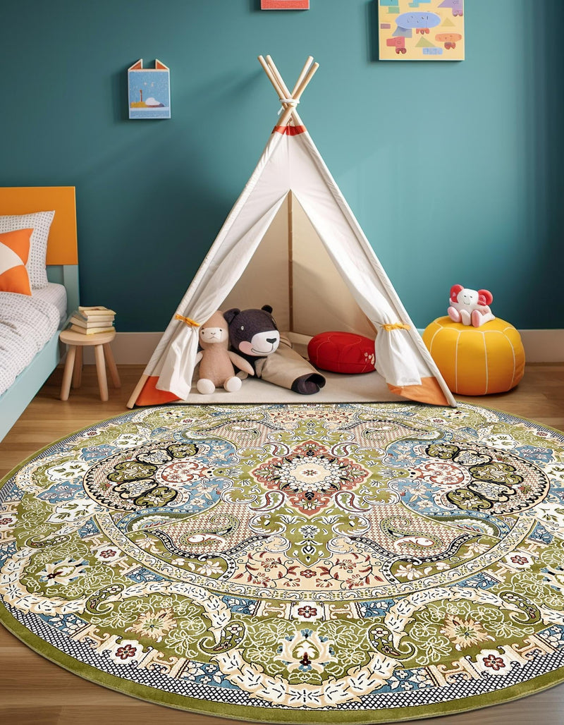 Persian Elegance Collection Area Rug -  Shiraz Round Green  lifestyle 113