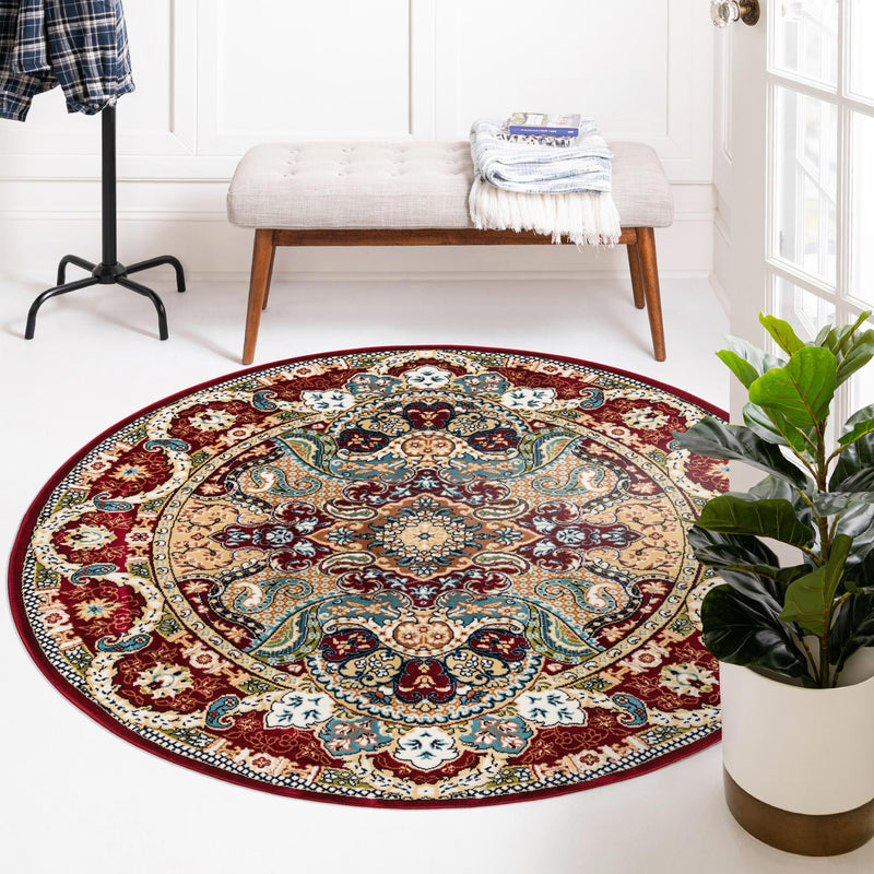 Persian Elegance Collection Area Rug -  Shiraz Round Burgundy  lifestyle 214
