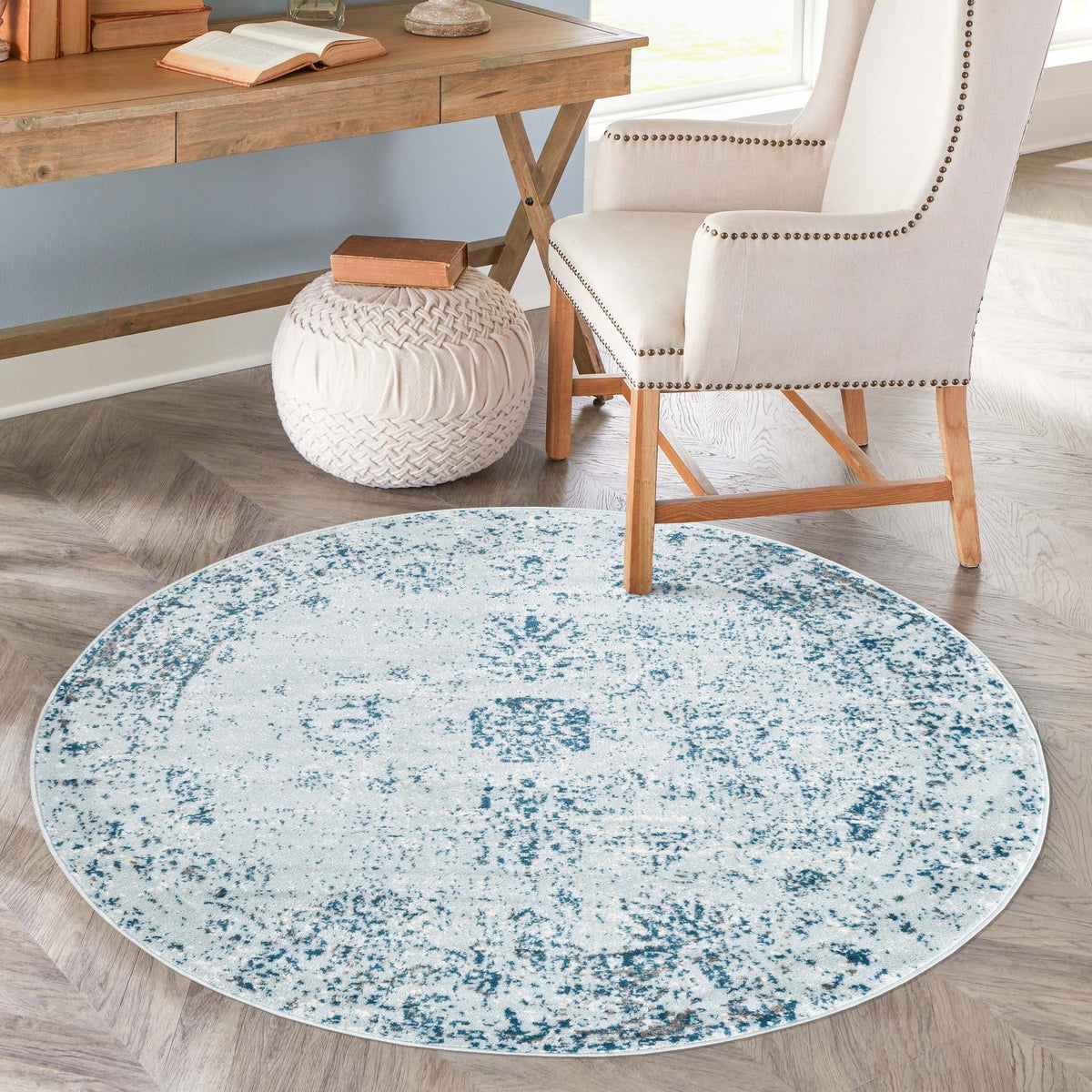 Riviera Elegance Collection Area Rug - Antibes (Light Blue) Round Light Blue  lifestyle 36