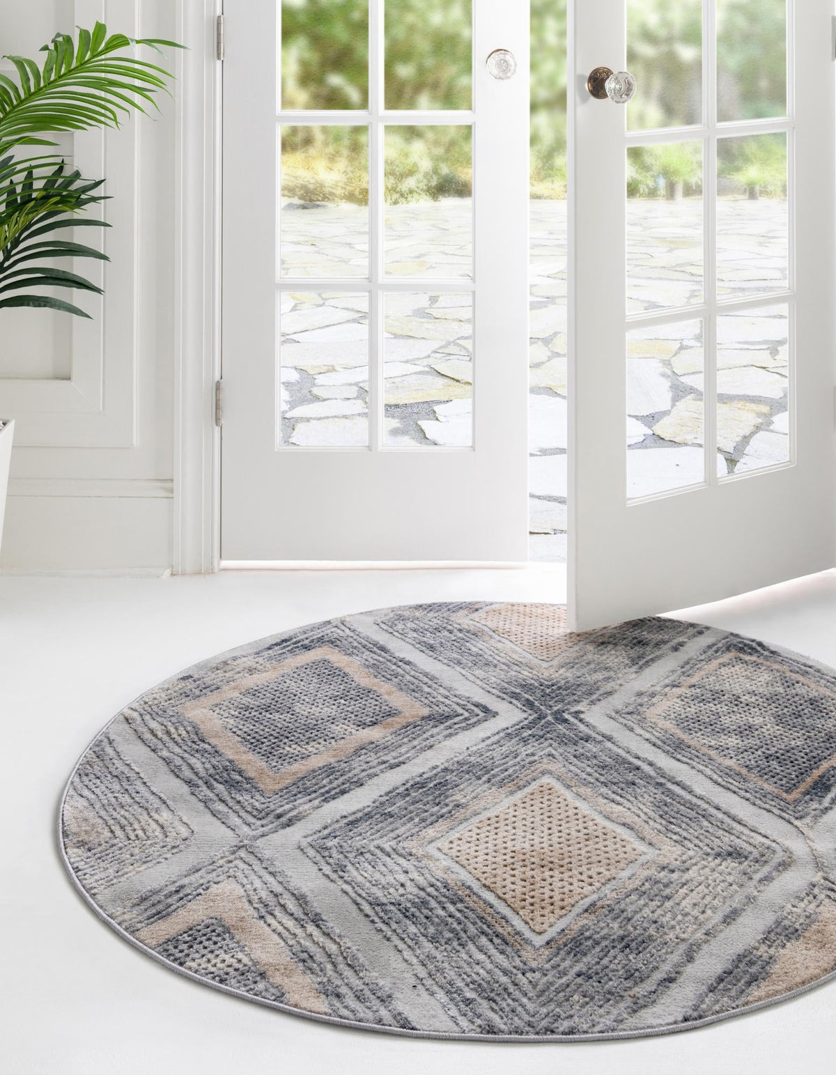 Aegean Elegance Collection Area Rug -  Rhodes Round Gray Cream  lifestyle 36