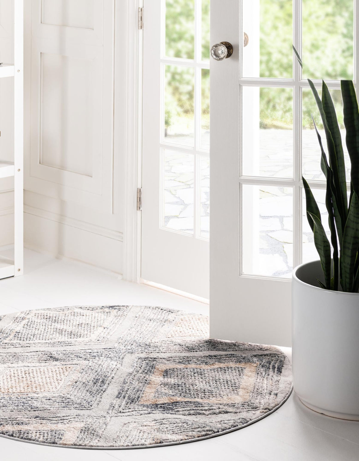 Aegean Elegance Collection Area Rug -  Rhodes Round Gray Cream  lifestyle 50