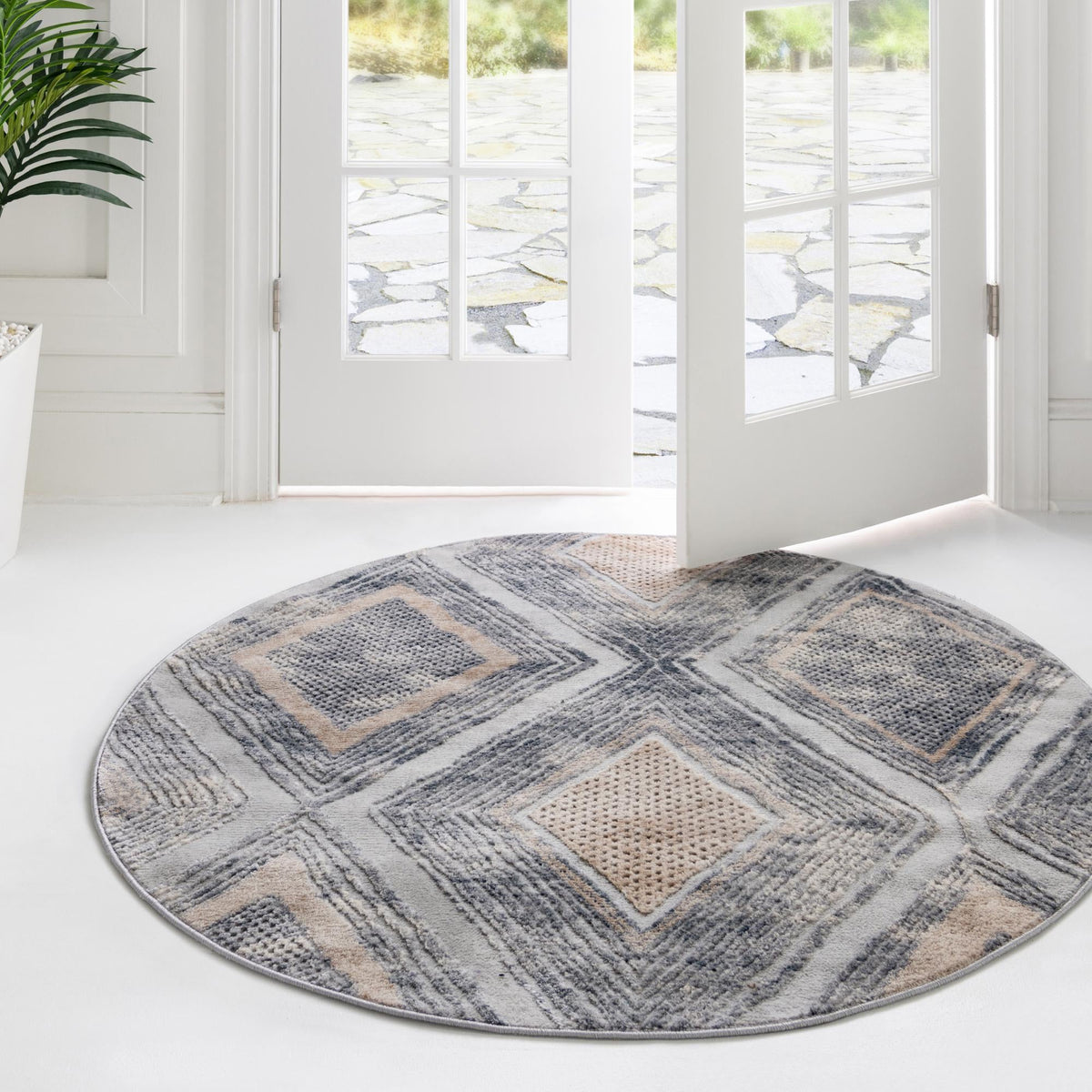 Aegean Elegance Collection Area Rug -  Rhodes Round Gray Cream  lifestyle 126