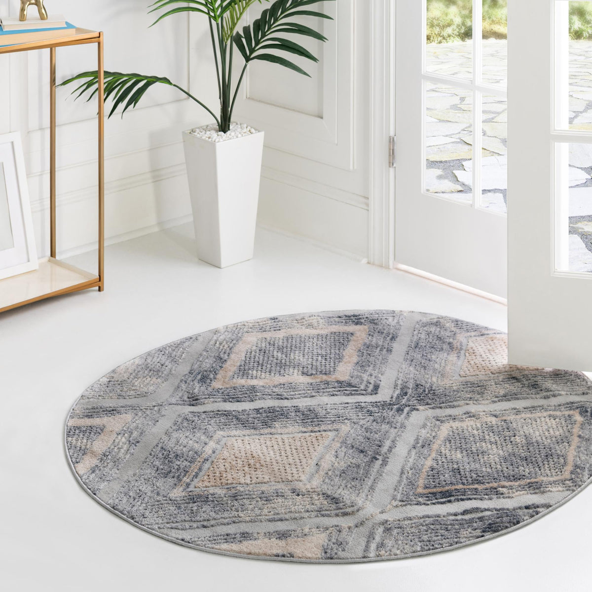 Aegean Elegance Collection Area Rug -  Rhodes Round Gray Cream  lifestyle 129