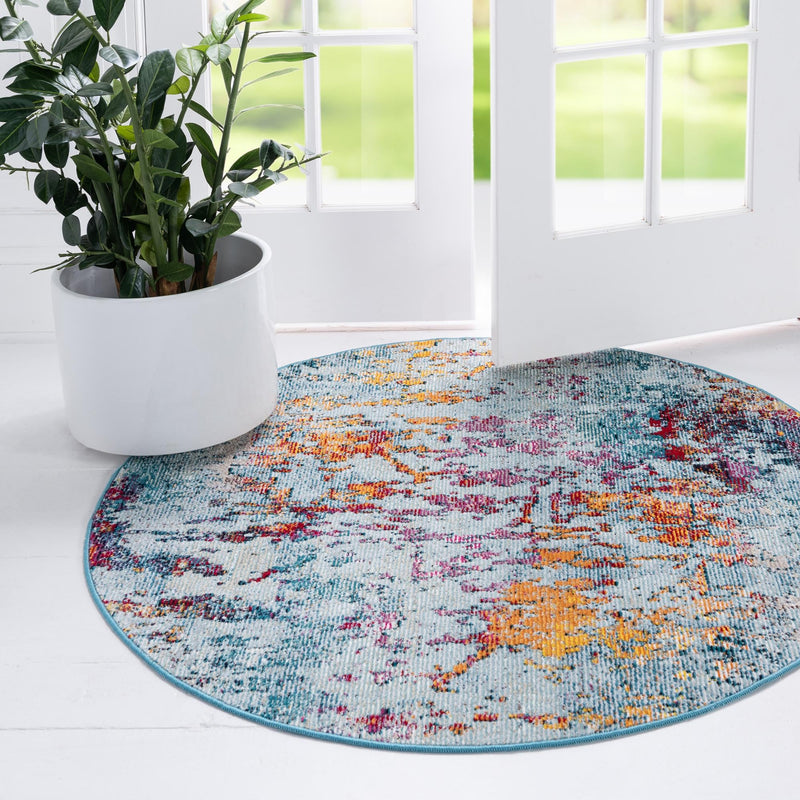 Celestial Luminescence Collection Area Rug -  Nebula Round Blue and Multi  lifestyle 54