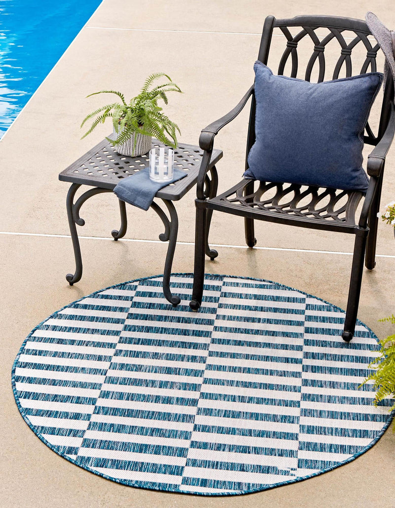 Patio Stripe Harmony Collection Area Rug - Cabana (Blue) Round Blue  lifestyle 0