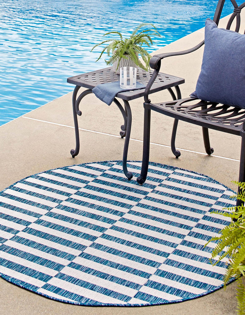 Patio Stripe Harmony Collection Area Rug - Cabana (Blue) Round Blue  lifestyle 3
