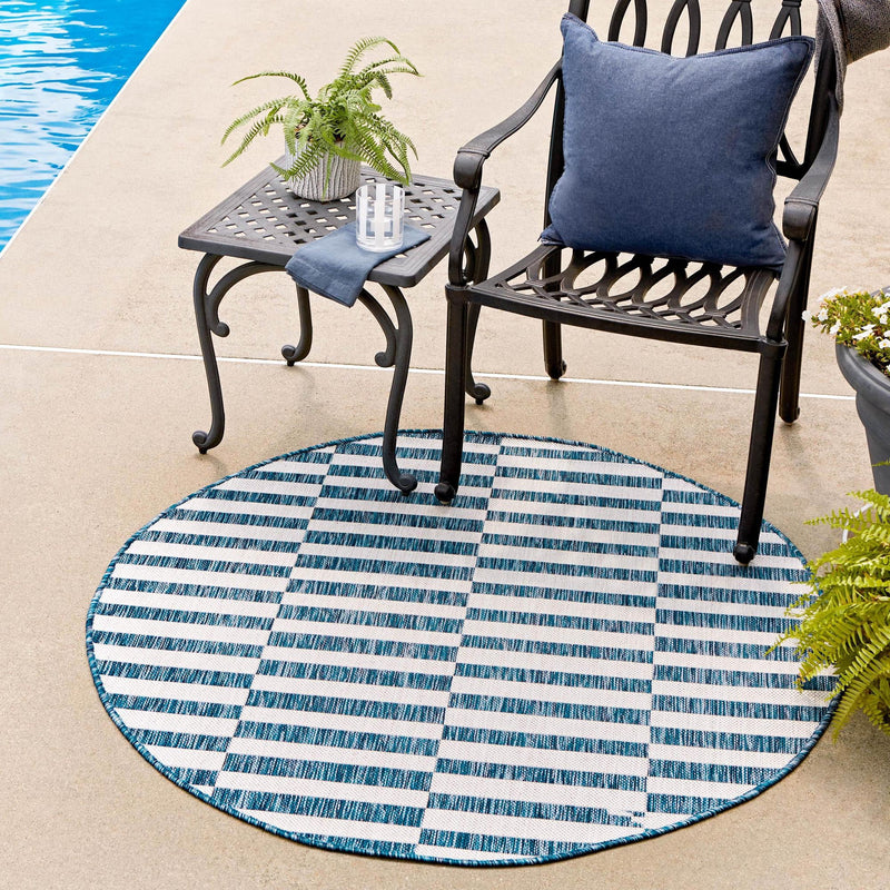 Patio Stripe Harmony Collection Area Rug - Cabana (Blue) Round Blue  lifestyle 24