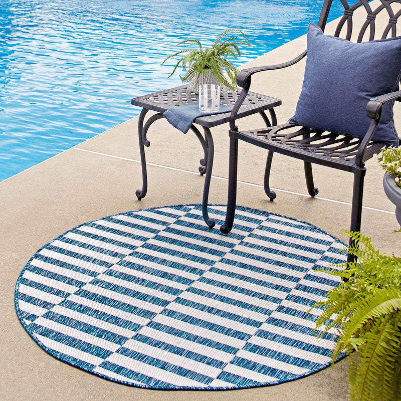 Patio Stripe Harmony Collection Area Rug - Cabana (Blue) Round Blue  lifestyle 25