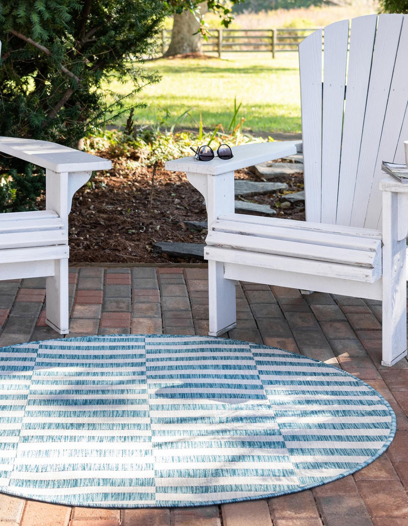 Patio Stripe Harmony Collection Area Rug - Cabana (Light Aqua) Round Light Aqua  lifestyle 5