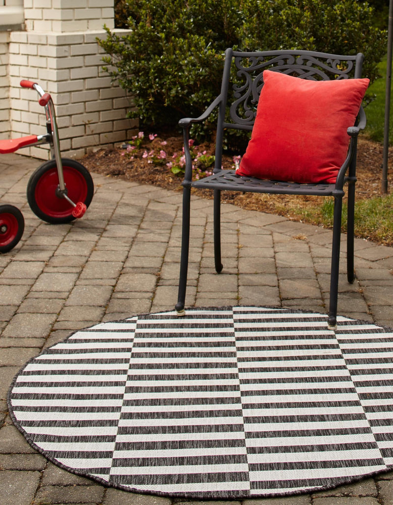 Patio Stripe Harmony Collection Area Rug - Cabana (Charcoal) Round Charcoal  lifestyle 3