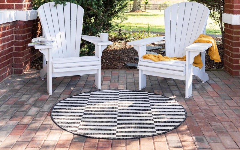 Patio Stripe Harmony Collection Area Rug - Cabana (Charcoal) Round Charcoal  lifestyle 5