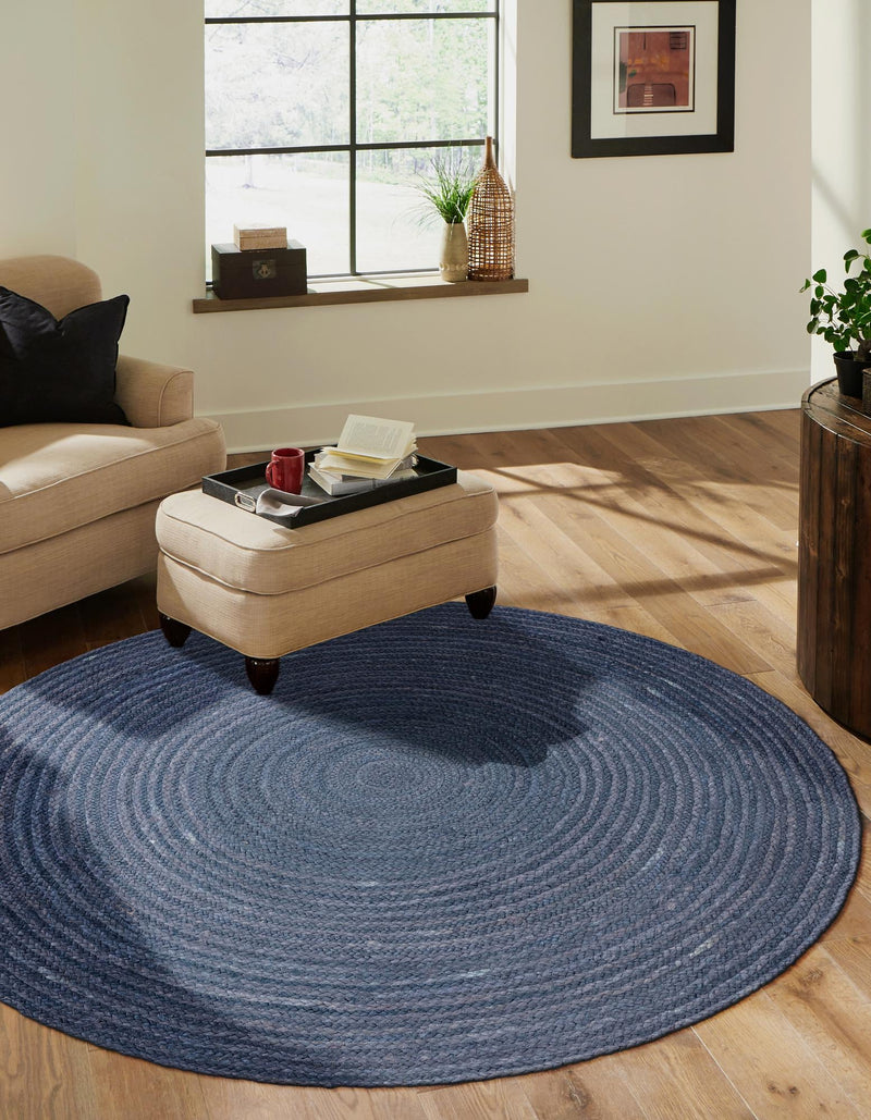 Woven Seaside Jute Collection Area Rug - Savannah (Navy Blue) Round Navy Blue  lifestyle 42