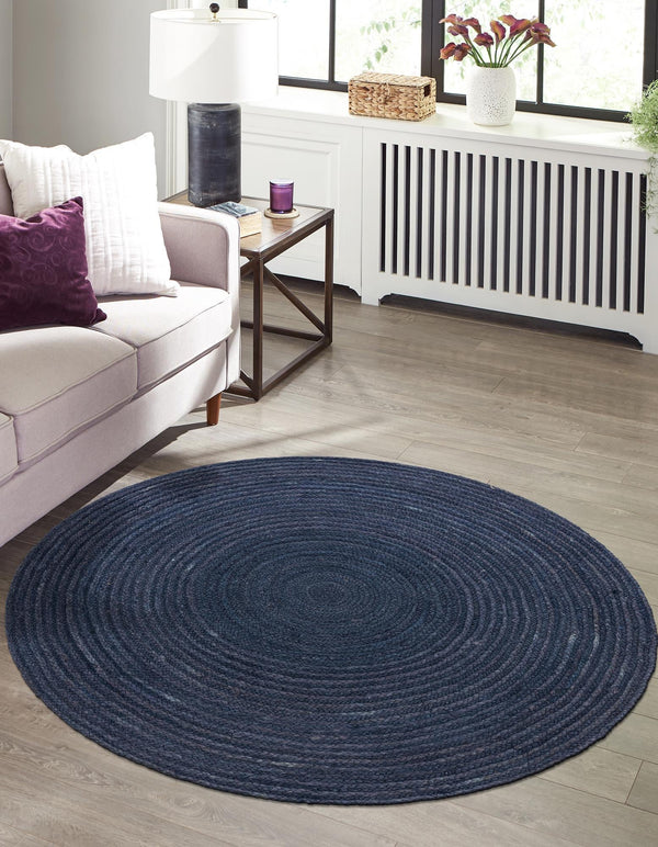 Woven Seaside Jute Collection Area Rug - Savannah (Navy Blue) Round Navy Blue  lifestyle 47