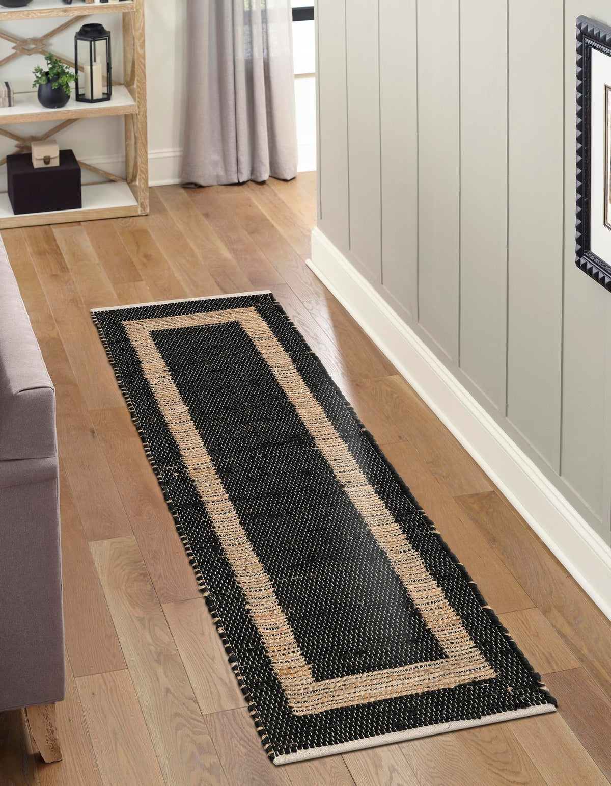 Osian Looms Collection Area Rug - Durham Runner Black and Natural  lifestyle 208